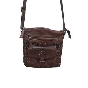 Harbour Woven Brass Studded Cognac Leather Crossbody Handbag Boho Chic